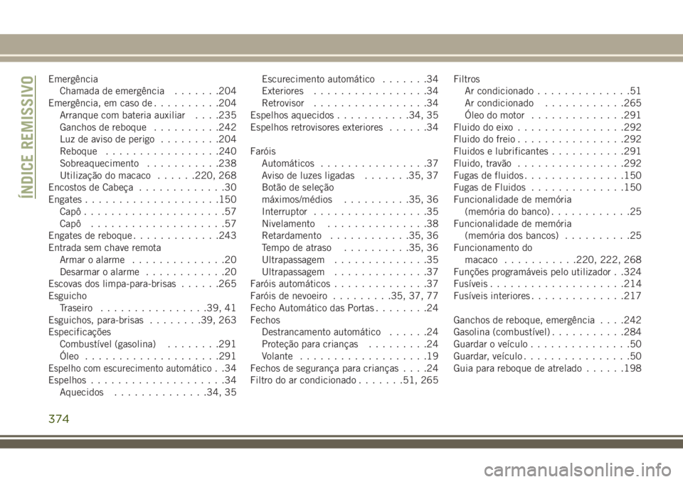JEEP COMPASS 2018 Manual de Uso e Manutenção (in Portuguese) Emergência
Chamada de emergência.......204
Emergência, em caso de..........204
Arranque com bateria auxiliar. . . .235
Ganchos de reboque..........242
Luz de aviso de perigo.........204
Reboque.... JEEP COMPASS 2018 Manual de Uso e Manutenção (in Portuguese) Emergência
Chamada de emergência.......204
Emergência, em caso de..........204
Arranque com bateria auxiliar. . . .235
Ganchos de reboque..........242
Luz de aviso de perigo.........204
Reboque....