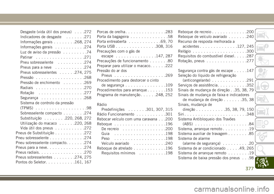 JEEP COMPASS 2018 Manual de Uso e Manutenção (in Portuguese) Desgaste (vida útil dos pneus). . . .272
Indicadores de desgaste.......271
Informações gerais........268, 274
Informações gerais...........274
Luz de aviso da pressão.........74
Patinar......... JEEP COMPASS 2018 Manual de Uso e Manutenção (in Portuguese) Desgaste (vida útil dos pneus). . . .272
Indicadores de desgaste.......271
Informações gerais........268, 274
Informações gerais...........274
Luz de aviso da pressão.........74
Patinar.........