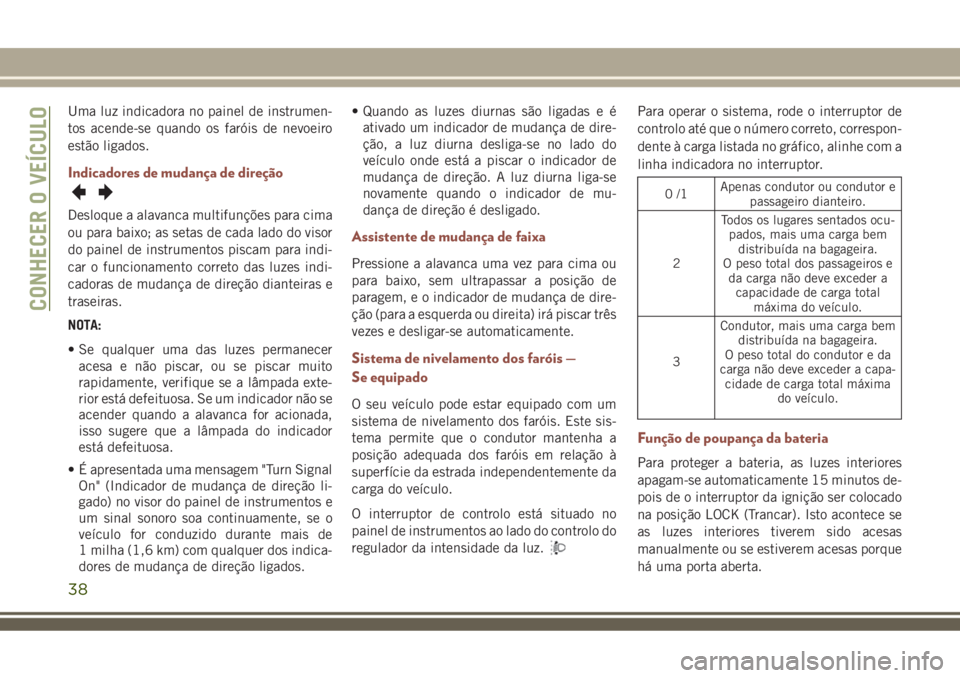 JEEP COMPASS 2018 Manual de Uso e Manutenção (in Portuguese) Uma luz indicadora no painel de instrumen-
tos acende-se quando os faróis de nevoeiro
estão ligados.
Indicadores de mudança de direção
Desloque a alavanca multifunções para cima
ou para baixo; JEEP COMPASS 2018 Manual de Uso e Manutenção (in Portuguese) Uma luz indicadora no painel de instrumen-
tos acende-se quando os faróis de nevoeiro
estão ligados.
Indicadores de mudança de direção
Desloque a alavanca multifunções para cima
ou para baixo;