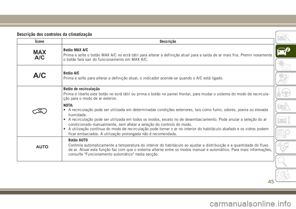 JEEP COMPASS 2018 Manual de Uso e Manutenção (in Portuguese) Descrição dos controlos da climatização
Ícone Descrição
Botão MAX A/C
Prima e solte o botão MAX A/C no ecrã tátil para alterar a definição atual para a saída de ar mais fria. Premir nova JEEP COMPASS 2018 Manual de Uso e Manutenção (in Portuguese) Descrição dos controlos da climatização
Ícone Descrição
Botão MAX A/C
Prima e solte o botão MAX A/C no ecrã tátil para alterar a definição atual para a saída de ar mais fria. Premir nova