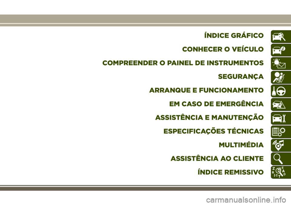 JEEP COMPASS 2018 Manual de Uso e Manutenção (in Portuguese) ÍNDICE GRÁFICO
CONHECER O VEÍCULO
COMPREENDER O PAINEL DE INSTRUMENTOS
SEGURANÇA
ARRANQUE E FUNCIONAMENTO
EM CASO DE EMERGÊNCIA
ASSISTÊNCIA E MANUTENÇÃO
ESPECIFICAÇÕES TÉCNICAS
MULTIMÉDIA
JEEP COMPASS 2018 Manual de Uso e Manutenção (in Portuguese) ÍNDICE GRÁFICO
CONHECER O VEÍCULO
COMPREENDER O PAINEL DE INSTRUMENTOS
SEGURANÇA
ARRANQUE E FUNCIONAMENTO
EM CASO DE EMERGÊNCIA
ASSISTÊNCIA E MANUTENÇÃO
ESPECIFICAÇÕES TÉCNICAS
MULTIMÉDIA
