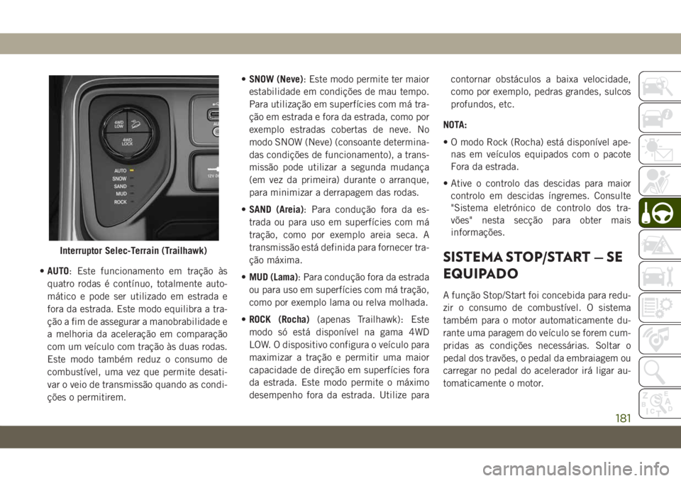 JEEP COMPASS 2019 Manual de Uso e Manutenção (in Portuguese) •AUTO: Este funcionamento em tração às
quatro rodas é contínuo, totalmente auto-
mático e pode ser utilizado em estrada e
fora da estrada. Este modo equilibra a tra-
ção a fim de assegurar a JEEP COMPASS 2019 Manual de Uso e Manutenção (in Portuguese) •AUTO: Este funcionamento em tração às
quatro rodas é contínuo, totalmente auto-
mático e pode ser utilizado em estrada e
fora da estrada. Este modo equilibra a tra-
ção a fim de assegurar a