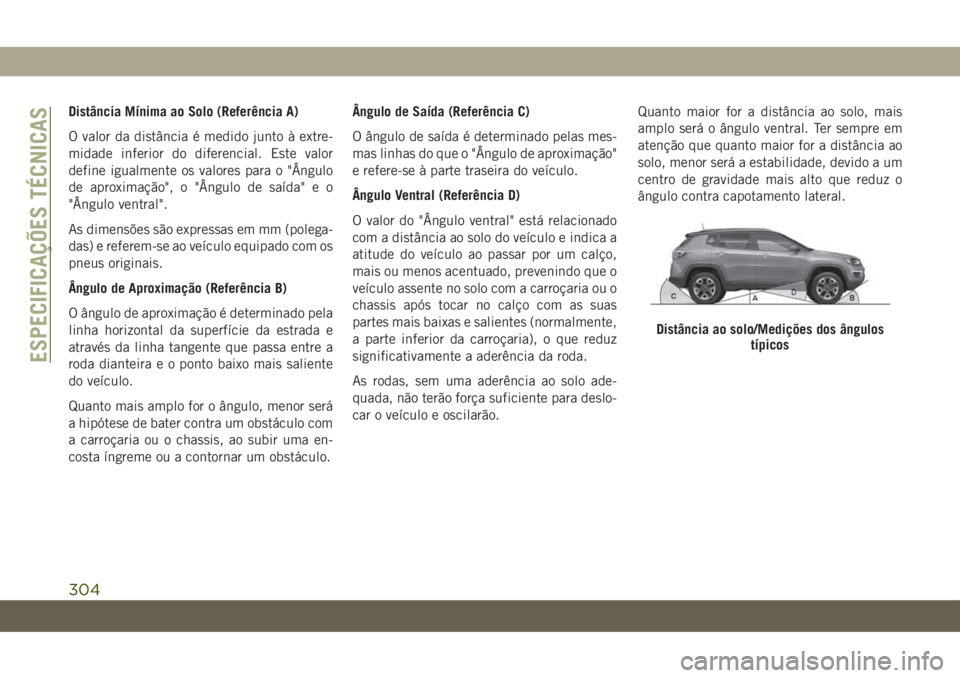 JEEP COMPASS 2019  Manual de Uso e Manutenção (in Portuguese) Distância Mínima ao Solo (Referência A)
O valor da distância é medido junto à extre-
midade inferior do diferencial. Este valor
define igualmente os valores para o "Ângulo
de aproximação&