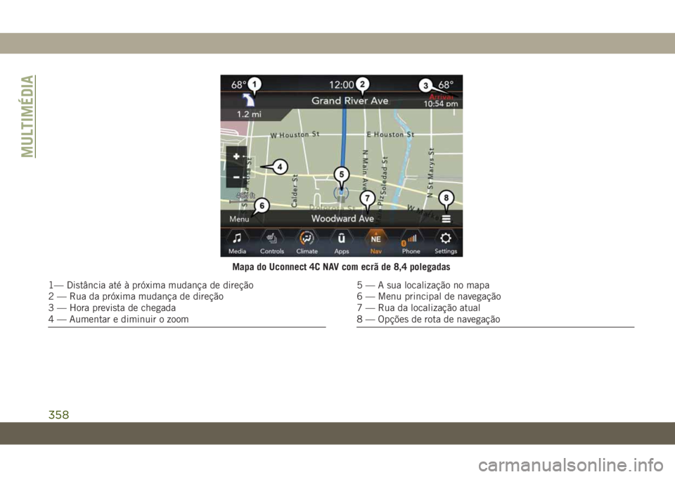JEEP COMPASS 2019 Manual de Uso e Manutenção (in Portuguese) Mapa do Uconnect 4C NAV com ecrã de 8,4 polegadas
1— Distância até à próxima mudança de direção
2 — Rua da próxima mudança de direção
3 — Hora prevista de chegada
4 — Aumentar e di JEEP COMPASS 2019 Manual de Uso e Manutenção (in Portuguese) Mapa do Uconnect 4C NAV com ecrã de 8,4 polegadas
1— Distância até à próxima mudança de direção
2 — Rua da próxima mudança de direção
3 — Hora prevista de chegada
4 — Aumentar e di