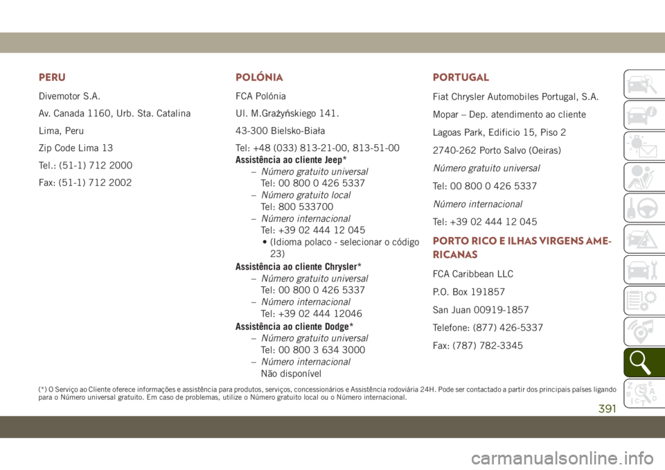 JEEP COMPASS 2019 Manual de Uso e Manutenção (in Portuguese) PERU
Divemotor S.A.
Av. Canada 1160, Urb. Sta. Catalina
Lima, Peru
Zip Code Lima 13
Tel.: (51-1) 712 2000
Fax: (51-1) 712 2002
POLÓNIA
FCA Polónia
Ul. M.Grażyńskiego 141.
43-300 Bielsko-Biała
Tel JEEP COMPASS 2019 Manual de Uso e Manutenção (in Portuguese) PERU
Divemotor S.A.
Av. Canada 1160, Urb. Sta. Catalina
Lima, Peru
Zip Code Lima 13
Tel.: (51-1) 712 2000
Fax: (51-1) 712 2002
POLÓNIA
FCA Polónia
Ul. M.Grażyńskiego 141.
43-300 Bielsko-Biała
Tel