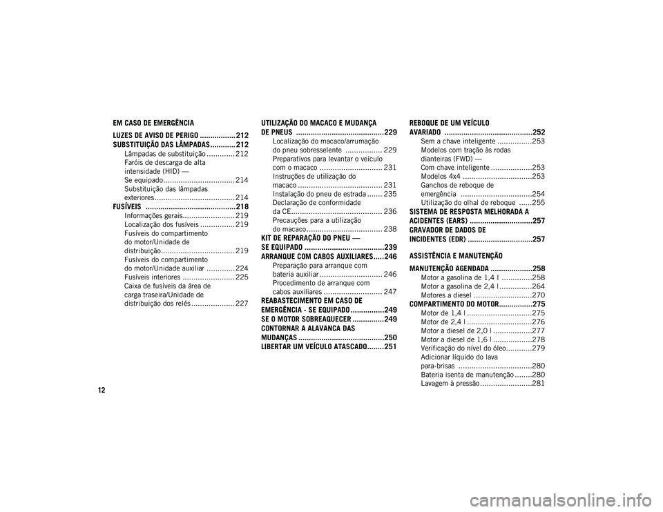 JEEP COMPASS 2020 Manual de Uso e Manutenção (in Portuguese) 12
EM CASO DE EMERGÊNCIA
LUZES DE AVISO DE PERIGO ................. 212
SUBSTITUIÇÃO DAS LÂMPADAS ............ 212
Lâmpadas de substituição ............. 212
Faróis de descarga de alta
intens JEEP COMPASS 2020 Manual de Uso e Manutenção (in Portuguese) 12
EM CASO DE EMERGÊNCIA
LUZES DE AVISO DE PERIGO ................. 212
SUBSTITUIÇÃO DAS LÂMPADAS ............ 212
Lâmpadas de substituição ............. 212
Faróis de descarga de alta
intens