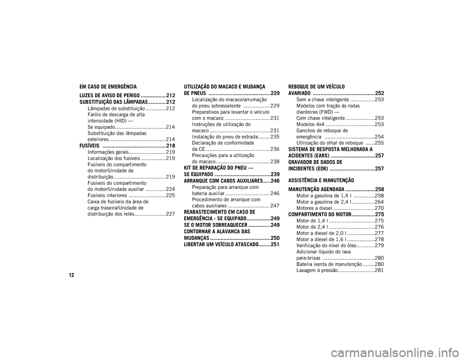 JEEP COMPASS 2020  Manual de Uso e Manutenção (in Portuguese) 12
EM CASO DE EMERGÊNCIA
LUZES DE AVISO DE PERIGO ................. 212
SUBSTITUIÇÃO DAS LÂMPADAS ............ 212
Lâmpadas de substituição ............. 212
Faróis de descarga de alta 
intens