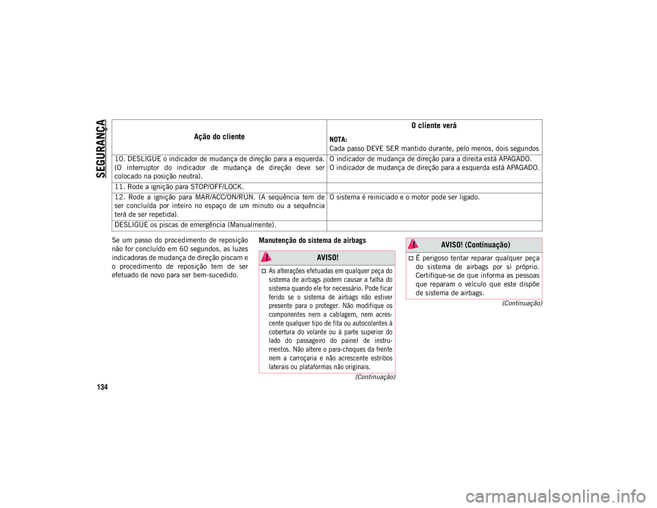 JEEP COMPASS 2020  Manual de Uso e Manutenção (in Portuguese) SEGURANÇA
134
(Continuação)
(Continuação)
Se  um  passo  do  procedimento  de  reposição
não for concluído em 60 segundos, as luzes
indicadoras de mudança de direção piscam e
o procediment