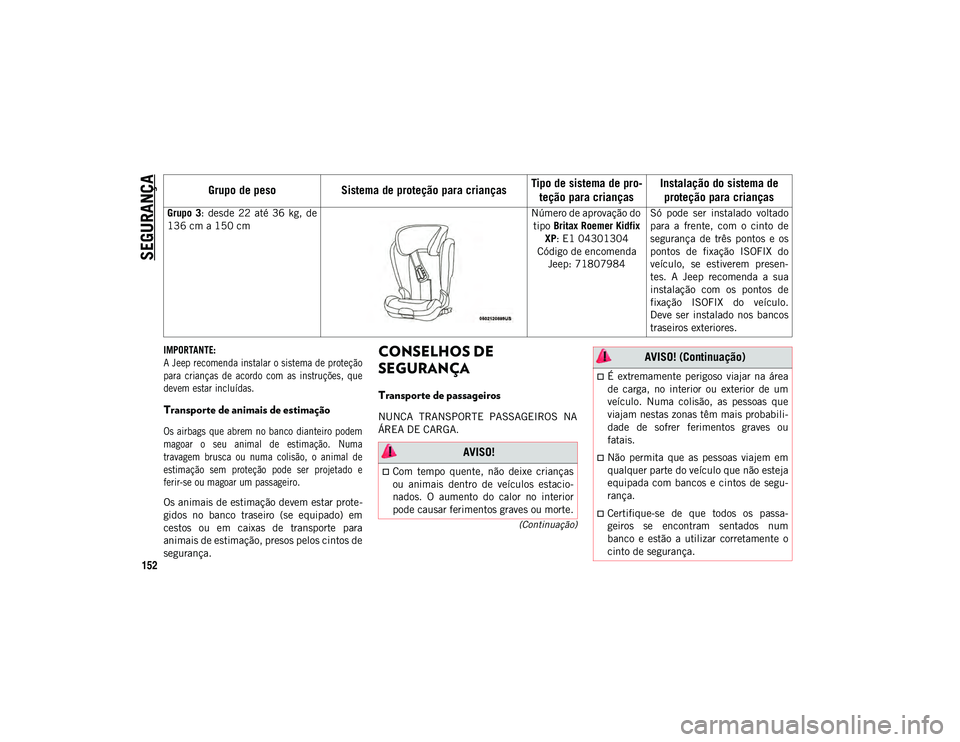 JEEP COMPASS 2020  Manual de Uso e Manutenção (in Portuguese) SEGURANÇA
152
(Continuação)

IMPORTANTE: 
A Jeep recomenda instalar o sistema de proteção
para  crianças  de  acordo  com  as  instruções,  que
devem estar incluídas.

Transporte de animais d