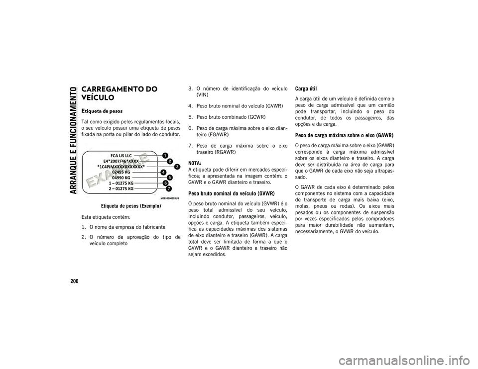 JEEP COMPASS 2020  Manual de Uso e Manutenção (in Portuguese) ARRANQUE E FUNCIONAMENTO
206
CARREGAMENTO DO 
VEÍCULO   
Etiqueta de pesos
Tal como exigido pelos regulamentos locais,
o seu  veículo  possui  uma  etiqueta  de  pesos
fixada na porta ou pilar do la