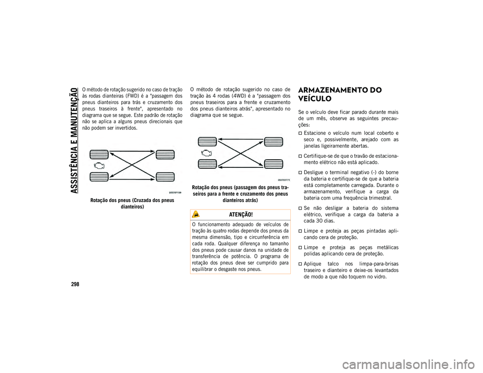JEEP COMPASS 2020  Manual de Uso e Manutenção (in Portuguese) ASSISTÊNCIA E MANUTENÇÃO
298

O método de rotação sugerido no caso de tração
às  rodas  dianteiras  (FWD)  é  a  "passagem  dos
pneus  dianteiros  para  trás  e  cruzamento  dos
pneus  