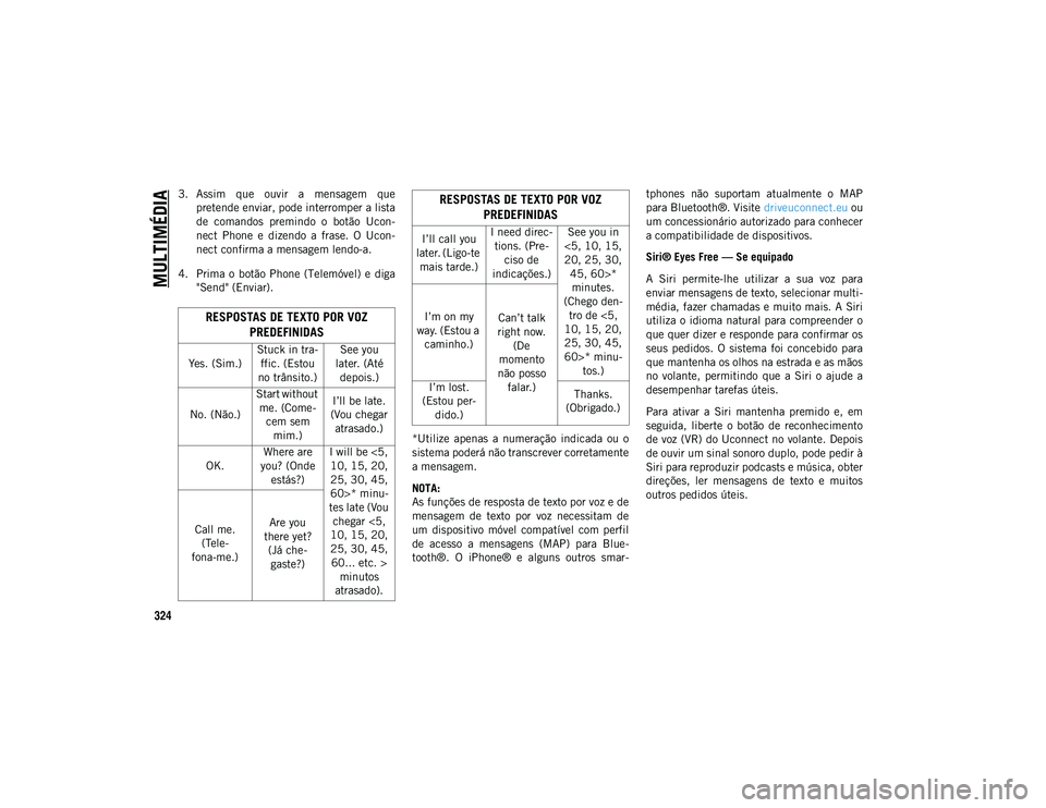 JEEP COMPASS 2020 Manual de Uso e Manutenção (in Portuguese) MULTIMÉDIA
324
3. Assim que ouvir a mensagem quepretende enviar, pode interromper a lista
de comandos premindo o botão Ucon -
nect Phone e dizendo a frase. O Ucon -
nect confirma a JEEP COMPASS 2020 Manual de Uso e Manutenção (in Portuguese) MULTIMÉDIA
324
3. Assim que ouvir a mensagem quepretende enviar, pode interromper a lista
de comandos premindo o botão Ucon -
nect Phone e dizendo a frase. O Ucon -
nect confirma a