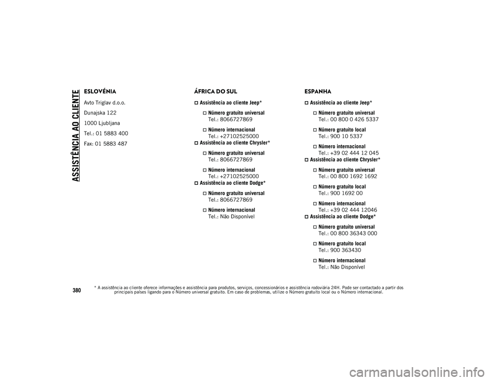 JEEP COMPASS 2020 Manual de Uso e Manutenção (in Portuguese) ASSISTÊNCIA AO CLIENTE
* A assistência ao cliente oferece informações e assistência para produtos, serviços, concessionários e assistência rodoviária 24H. Pode ser contactado a partir dos pri JEEP COMPASS 2020 Manual de Uso e Manutenção (in Portuguese) ASSISTÊNCIA AO CLIENTE
* A assistência ao cliente oferece informações e assistência para produtos, serviços, concessionários e assistência rodoviária 24H. Pode ser contactado a partir dos pri