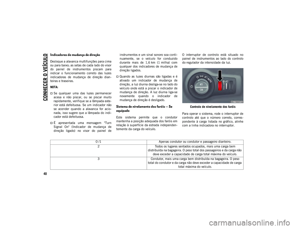 JEEP COMPASS 2020  Manual de Uso e Manutenção (in Portuguese) CONHECER O VEÍCULO
40
Indicadores de mudança de direção   
Desloque a alavanca multifunções para cima
ou para baixo; as setas de cada lado do visor
do  painel  de  instrumentos  piscam  para
ind