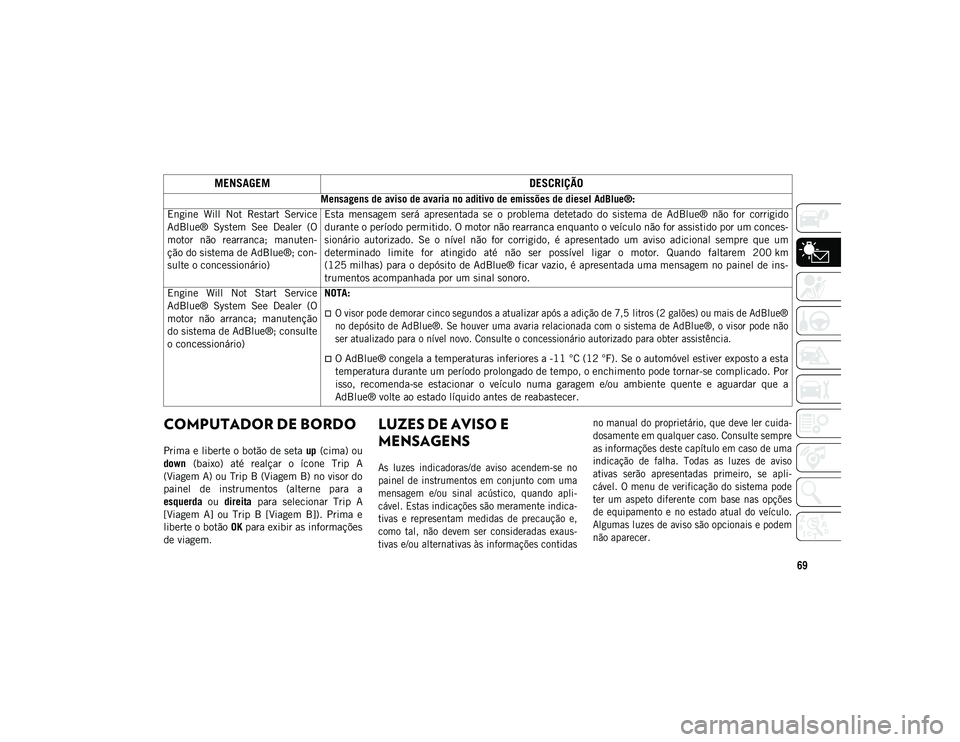 JEEP COMPASS 2020 Manual de Uso e Manutenção (in Portuguese) 69
COMPUTADOR DE BORDO
Prima e liberte o botão de seta up (cima) ou
down (baixo) até realçar o ícone Trip A
(Viagem A) ou Trip B (Viagem B) no visor do
painel de instrumentos (alterne JEEP COMPASS 2020 Manual de Uso e Manutenção (in Portuguese) 69
COMPUTADOR DE BORDO
Prima e liberte o botão de seta up (cima) ou
down (baixo) até realçar o ícone Trip A
(Viagem A) ou Trip B (Viagem B) no visor do
painel de instrumentos (alterne