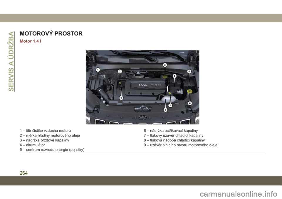 JEEP COMPASS 2019 Návod k použití a údržbě (in Czech) MOTOROVÝ PROSTOR
Motor 1,4 l
1 – filtr čističe vzduchu motoru 6 – nádržka ostřikovací kapaliny
2 – měrka hladiny motorového oleje 7 – tlakový uzávěr chladicí kapaliny
3 – nádr JEEP COMPASS 2019 Návod k použití a údržbě (in Czech) MOTOROVÝ PROSTOR
Motor 1,4 l
1 – filtr čističe vzduchu motoru 6 – nádržka ostřikovací kapaliny
2 – měrka hladiny motorového oleje 7 – tlakový uzávěr chladicí kapaliny
3 – nádr