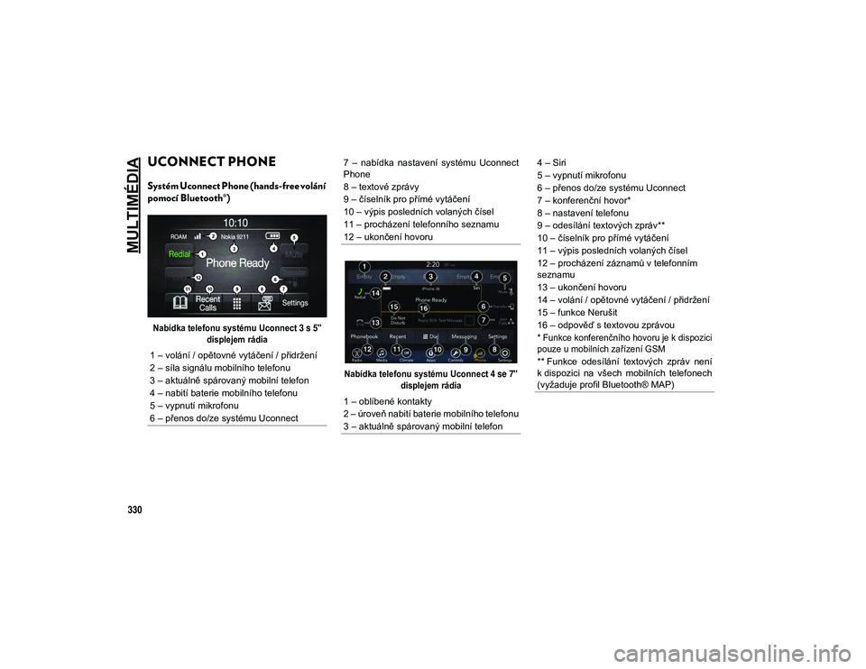 JEEP COMPASS 2020 Návod k použití a údržbě (in Czech) MULTIMÉDIA
330
UCONNECT PHONE
Systém Uconnect Phone (hands-free volání
pomocí Bluetooth®)
Nabídka telefonu systému Uconnect3 s 5"
displejem rádia
Nabídka telefonu systému Uconnect 4 se JEEP COMPASS 2020 Návod k použití a údržbě (in Czech) MULTIMÉDIA
330
UCONNECT PHONE
Systém Uconnect Phone (hands-free volání
pomocí Bluetooth®)
Nabídka telefonu systému Uconnect3 s 5"
displejem rádia
Nabídka telefonu systému Uconnect 4 se