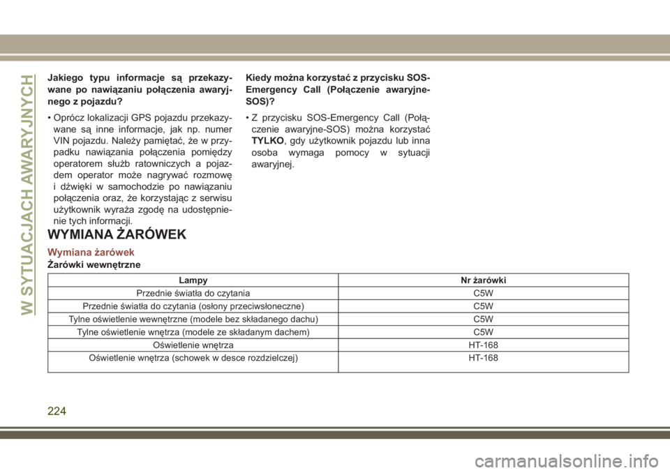 JEEP COMPASS 2018 Instrukcja obsługi (in Polish) Jakiego typu informacje są przekazy-
wane po nawiązaniu połączenia awaryj-
nego z pojazdu?
• Oprócz lokalizacji GPS pojazdu przekazy-
wane są inne informacje, jak np. numer
VIN pojazdu. Należ JEEP COMPASS 2018 Instrukcja obsługi (in Polish) Jakiego typu informacje są przekazy-
wane po nawiązaniu połączenia awaryj-
nego z pojazdu?
• Oprócz lokalizacji GPS pojazdu przekazy-
wane są inne informacje, jak np. numer
VIN pojazdu. Należ