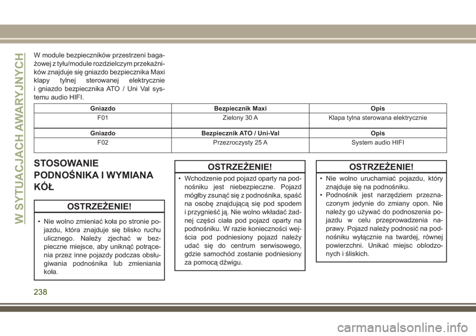 JEEP COMPASS 2018  Instrukcja obsługi (in Polish) W module bezpieczników przestrzeni baga-
żowej z tyłu/module rozdzielczym przekaźni-
ków znajduje się gniazdo bezpiecznika Maxi
klapy tylnej sterowanej elektrycznie
i gniazdo bezpiecznika ATO / 