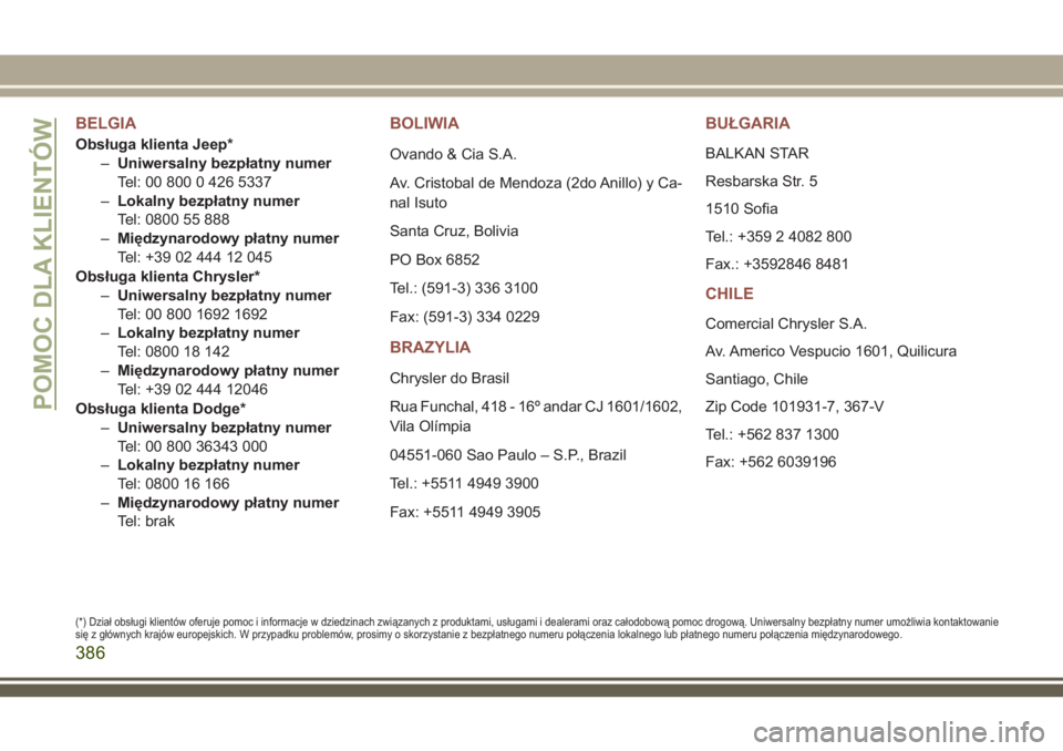 JEEP COMPASS 2018 Instrukcja obsługi (in Polish) BELGIA
Obsługa klienta Jeep*
–Uniwersalny bezpłatny numer
Tel: 00 800 0 426 5337
–Lokalny bezpłatny numer
Tel: 0800 55 888
–Międzynarodowy płatny numer
Tel: +39 02 444 12 045
Obsługa klien JEEP COMPASS 2018 Instrukcja obsługi (in Polish) BELGIA
Obsługa klienta Jeep*
–Uniwersalny bezpłatny numer
Tel: 00 800 0 426 5337
–Lokalny bezpłatny numer
Tel: 0800 55 888
–Międzynarodowy płatny numer
Tel: +39 02 444 12 045
Obsługa klien