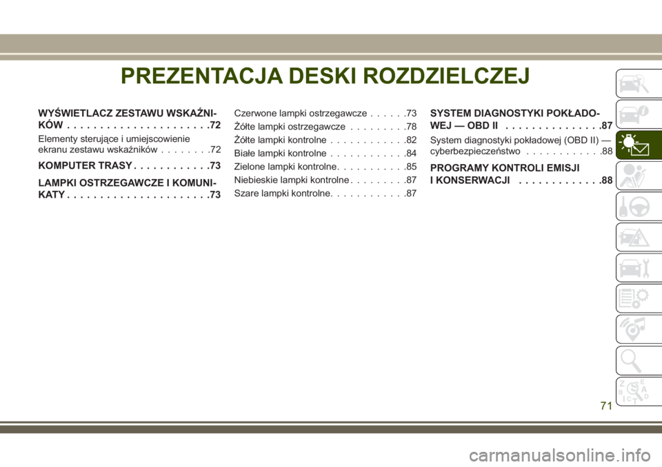JEEP COMPASS 2018 Instrukcja obsługi (in Polish) PREZENTACJA DESKI ROZDZIELCZEJ
WYŚWIETLACZ ZESTAWU WSKAŹNI-
KÓW......................72
Elementy sterujące i umiejscowienie
ekranu zestawu wskaźników........72
KOMPUTER TRASY............73
LAMPK JEEP COMPASS 2018 Instrukcja obsługi (in Polish) PREZENTACJA DESKI ROZDZIELCZEJ
WYŚWIETLACZ ZESTAWU WSKAŹNI-
KÓW......................72
Elementy sterujące i umiejscowienie
ekranu zestawu wskaźników........72
KOMPUTER TRASY............73
LAMPK