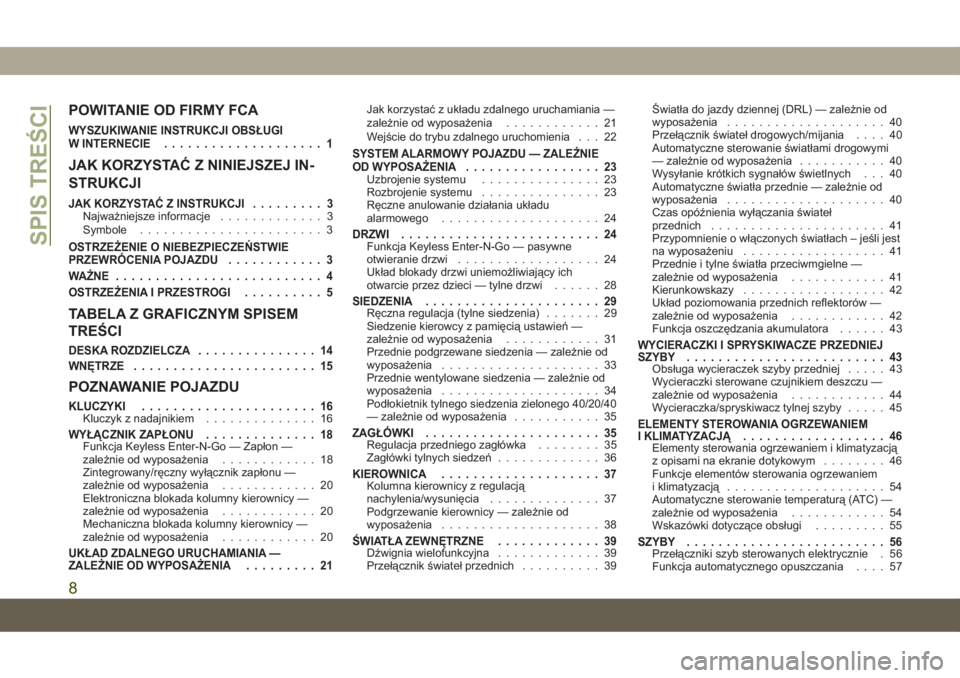 JEEP COMPASS 2019  Instrukcja obsługi (in Polish) POWITANIE OD FIRMY FCA
WYSZUKIWANIE INSTRUKCJI OBSŁUGI
W INTERNECIE.................... 1
JAK KORZYSTAĆ Z NINIEJSZEJ IN-
STRUKCJI
JAK KORZYSTAĆ Z INSTRUKCJI......... 3Najważniejsze informacje.....