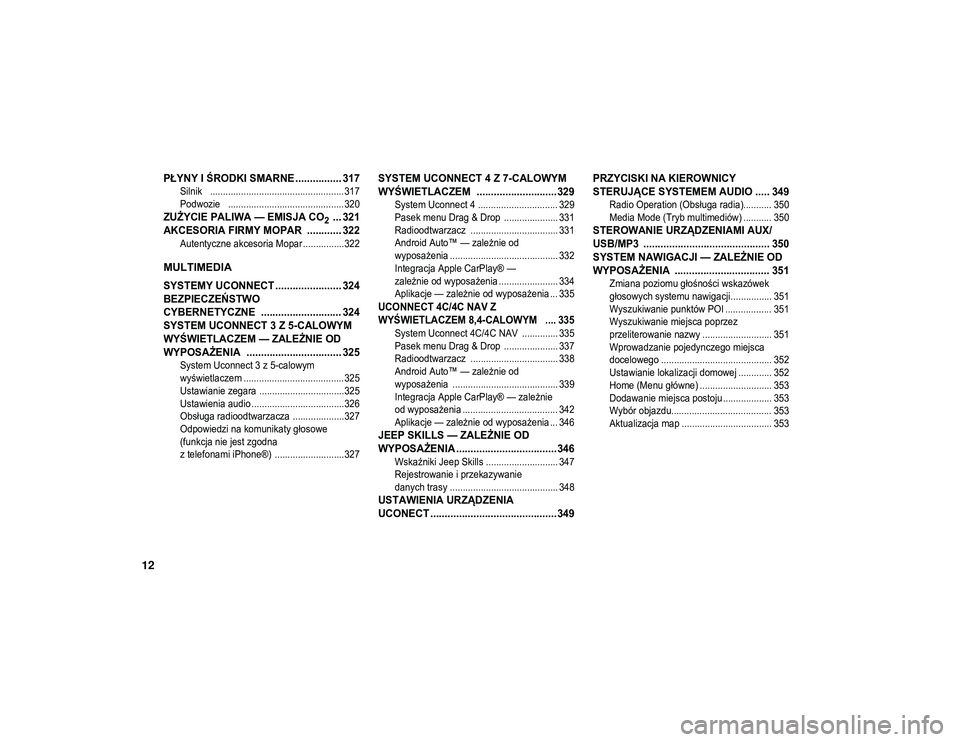JEEP COMPASS 2020  Instrukcja obsługi (in Polish) 12

PŁYNY I ŚRODKI SMARNE ................ 317

Silnik   .................................................... 317
Podwozie   ............................................. 320

ZUŻYCIE PALIWA — EM