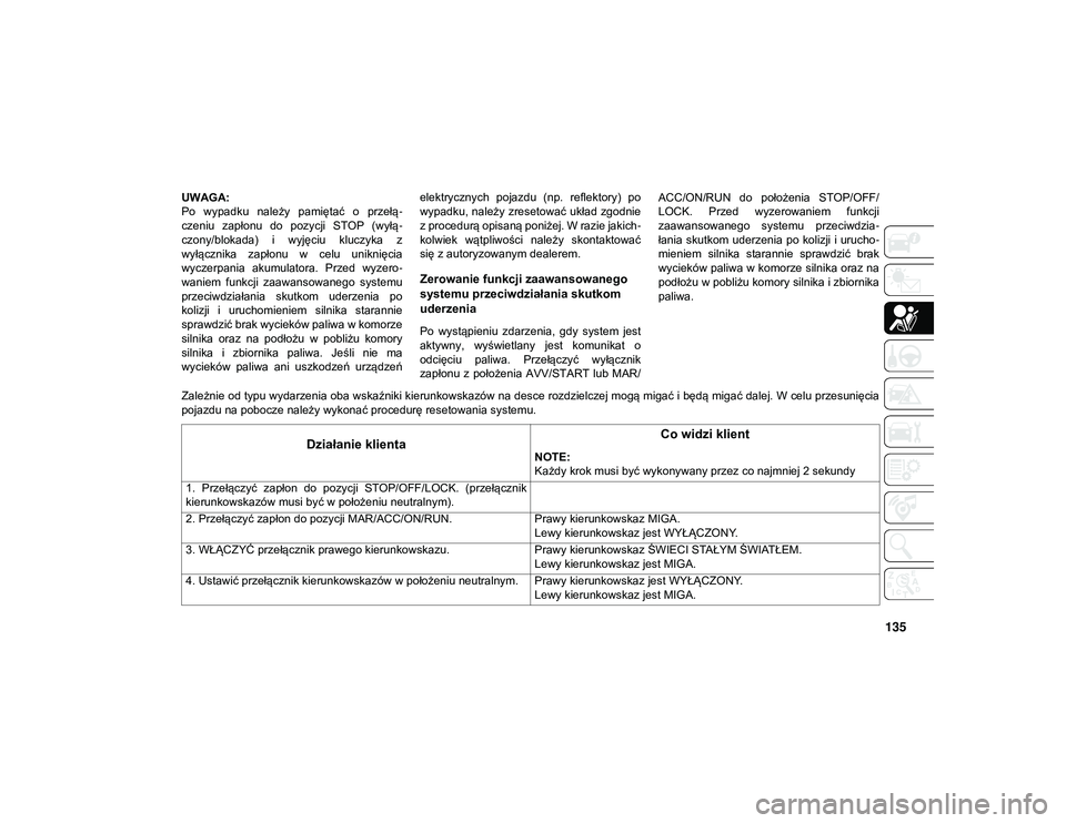 JEEP COMPASS 2020 Instrukcja obsługi (in Polish) 135
UWAGA:
Po wypadku należy pamiętać o przełą-
czeniu zapłonu do pozycji STOP (wyłą -
czony/blokada) i wyjęciu kluczyka z
wyłącznika zapłonu w celu uniknięcia
wyczerpan JEEP COMPASS 2020 Instrukcja obsługi (in Polish) 135
UWAGA:
Po wypadku należy pamiętać o przełą-
czeniu zapłonu do pozycji STOP (wyłą -
czony/blokada) i wyjęciu kluczyka z
wyłącznika zapłonu w celu uniknięcia
wyczerpan