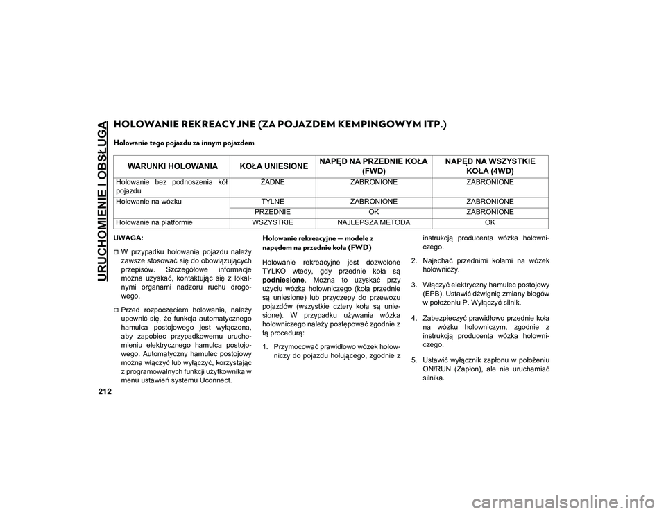 JEEP COMPASS 2020 Instrukcja obsługi (in Polish) URUCHOMIENIE I OBSŁUGA
212
HOLOWANIE REKREACYJNE (ZA POJAZDEM KEMPINGOWYM ITP.)
Holowanie tego pojazdu za innym pojazdem
UWAGA:
W przypadku holowania pojazdu należy
zawsze stosować się JEEP COMPASS 2020 Instrukcja obsługi (in Polish) URUCHOMIENIE I OBSŁUGA
212
HOLOWANIE REKREACYJNE (ZA POJAZDEM KEMPINGOWYM ITP.)
Holowanie tego pojazdu za innym pojazdem
UWAGA:
W przypadku holowania pojazdu należy
zawsze stosować się