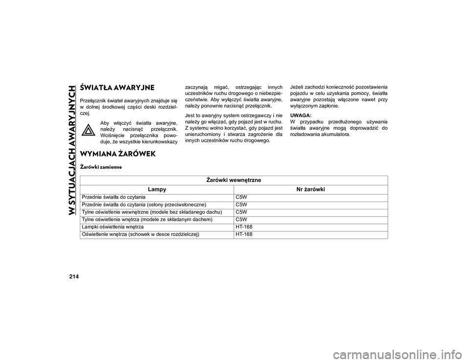 JEEP COMPASS 2020 Instrukcja obsługi (in Polish) 214
W SYTUACJACH AWARYJNYCH
ŚWIATŁA AWARYJNE
Przełącznik świateł awaryjnych znajduje się
w dolnej środkowej części deski rozdziel-
czej.
Aby włączyć światła awaryjne,
należy n JEEP COMPASS 2020 Instrukcja obsługi (in Polish) 214
W SYTUACJACH AWARYJNYCH
ŚWIATŁA AWARYJNE
Przełącznik świateł awaryjnych znajduje się
w dolnej środkowej części deski rozdziel-
czej.
Aby włączyć światła awaryjne,
należy n