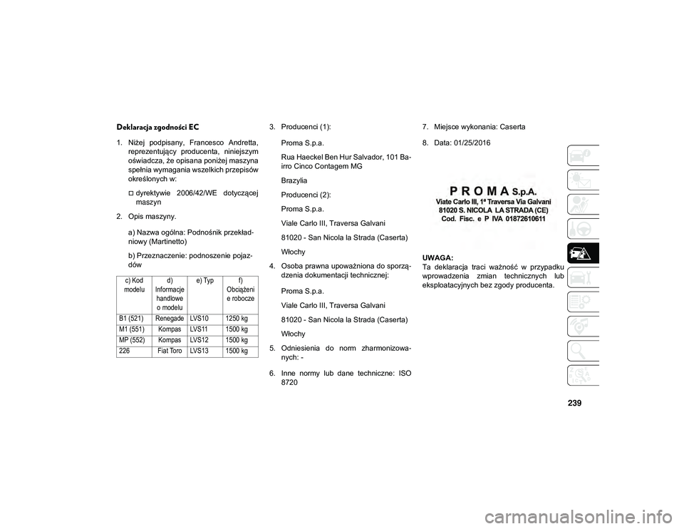 JEEP COMPASS 2020 Instrukcja obsługi (in Polish) 239
Deklaracja zgodności EC
1. Niżej podpisany, Francesco Andretta,reprezentujący producenta, niniejszym
oświadcza, że opisana poniżej maszyna
spełnia wymagania wszelkich przepisów
okreś JEEP COMPASS 2020 Instrukcja obsługi (in Polish) 239
Deklaracja zgodności EC
1. Niżej podpisany, Francesco Andretta,reprezentujący producenta, niniejszym
oświadcza, że opisana poniżej maszyna
spełnia wymagania wszelkich przepisów
okreś