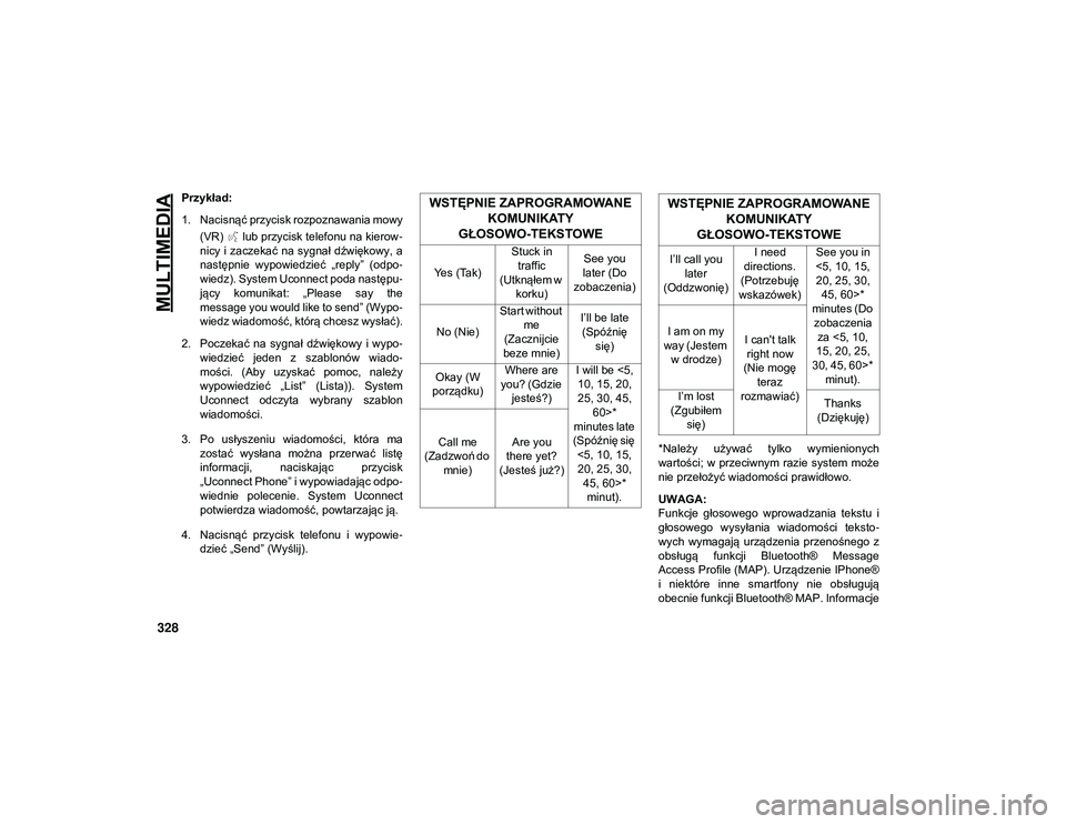 JEEP COMPASS 2020  Instrukcja obsługi (in Polish) MULTIMEDIA
328
Przykład: 
1. Nacisnąć przycisk rozpoznawania mowy (VR)   lub przycisk telefonu na kierow -
nicy i zaczekać na sygnał dźwiękowy, a
następnie  wypowiedzieć  „reply”  (odpo -