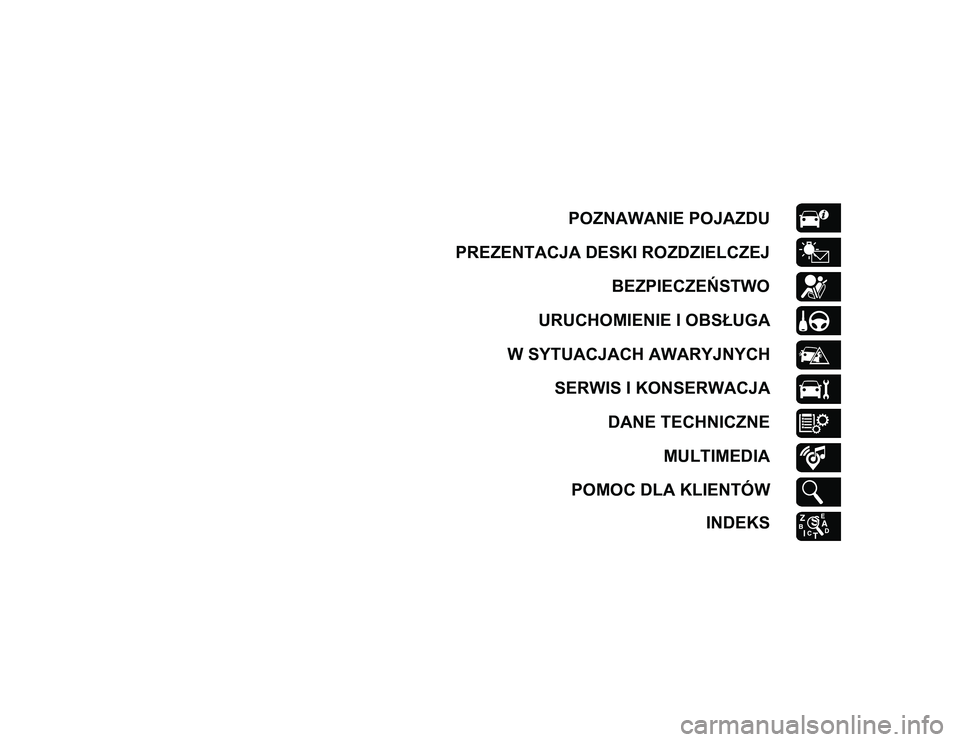 JEEP COMPASS 2020  Instrukcja obsługi (in Polish) POZNAWANIE POJAZDU
PREZENTACJA DESKI ROZDZIELCZEJ BEZPIECZEŃSTWO
URUCHOMIENIE I OBSŁUGA
W SYTUACJACH AWARYJNYCH SERWIS I KONSERWACJA DANE TECHNICZNE MULTIMEDIA
POMOC DLA KLIENTÓW INDEKS
20_MP_UG_PL