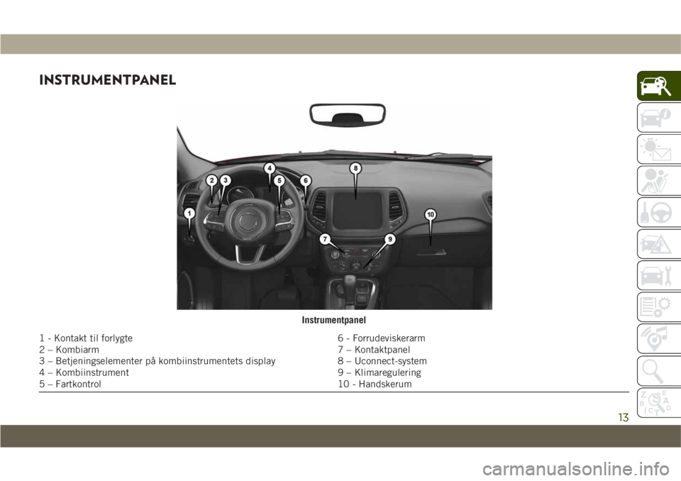 JEEP COMPASS 2019 Brugs- og vedligeholdelsesvejledning (in Danish) INSTRUMENTPANEL
Instrumentpanel
1 - Kontakt til forlygte6 - Forrudeviskerarm
2 – Kombiarm 7 – Kontaktpanel
3 – Betjeningselementer på kombiinstrumentets display 8 – Uconnect-system
4 – Komb JEEP COMPASS 2019 Brugs- og vedligeholdelsesvejledning (in Danish) INSTRUMENTPANEL
Instrumentpanel
1 - Kontakt til forlygte6 - Forrudeviskerarm
2 – Kombiarm 7 – Kontaktpanel
3 – Betjeningselementer på kombiinstrumentets display 8 – Uconnect-system
4 – Komb