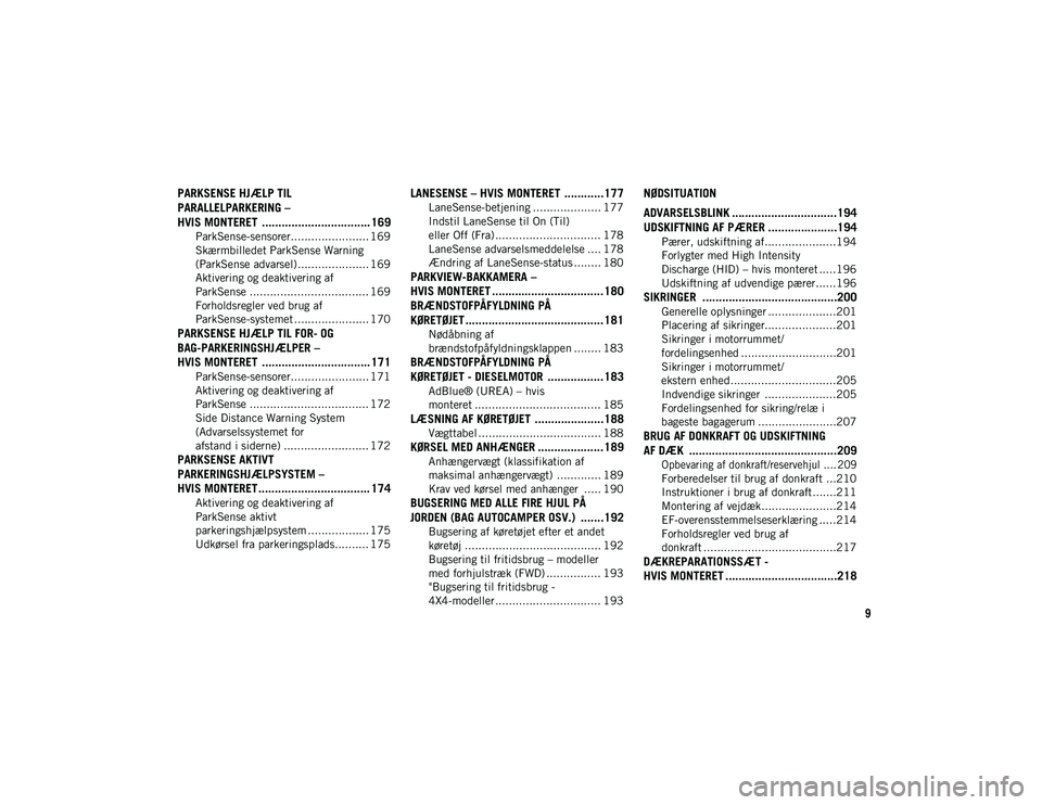 JEEP COMPASS 2020 Brugs- og vedligeholdelsesvejledning (in Danish) 9
PARKSENSE HJÆLP TIL
PARALLELPARKERING –
HVIS MONTERET ................................. 169
ParkSense-sensorer....................... 169
Skærmbilledet ParkSense Warning
(ParkSense advarsel) JEEP COMPASS 2020 Brugs- og vedligeholdelsesvejledning (in Danish) 9
PARKSENSE HJÆLP TIL
PARALLELPARKERING –
HVIS MONTERET ................................. 169
ParkSense-sensorer....................... 169
Skærmbilledet ParkSense Warning
(ParkSense advarsel)