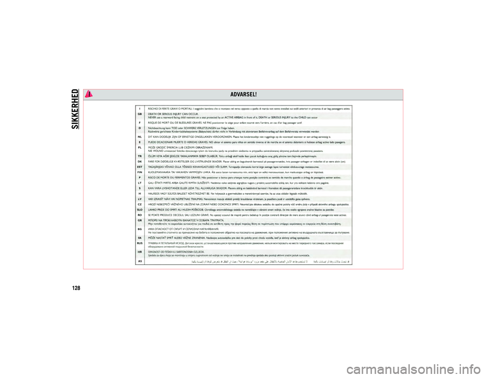 JEEP COMPASS 2020 Brugs- og vedligeholdelsesvejledning (in Danish) SIKKERHED
128
ADVARSEL!
20_MP_UG_DA_EU_t.book Page 128 JEEP COMPASS 2020 Brugs- og vedligeholdelsesvejledning (in Danish) SIKKERHED
128
ADVARSEL!
20_MP_UG_DA_EU_t.book Page 128