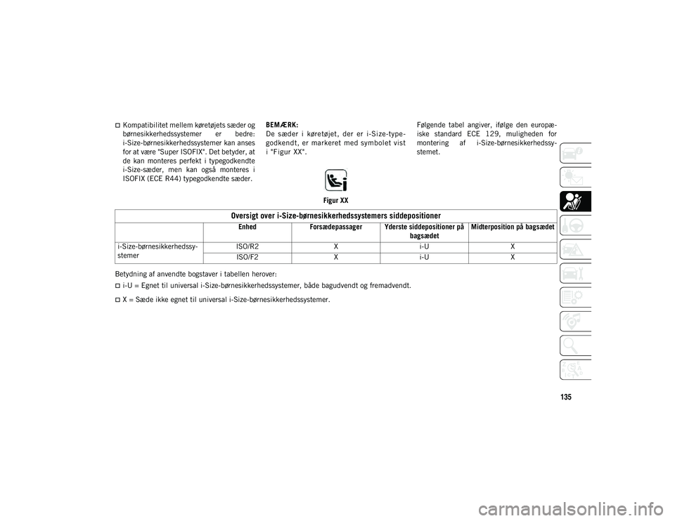 JEEP COMPASS 2020  Brugs- og vedligeholdelsesvejledning (in Danish) 135
Kompatibilitet mellem køretøjets sæder og
børnesikkerhedssystemer  er  bedre:
i-Size-børnesikkerhedssystemer kan anses
for at være "Super ISOFIX". Det betyder, at
de  kan  montere