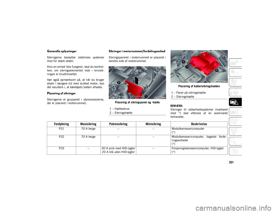 JEEP COMPASS 2020 Brugs- og vedligeholdelsesvejledning (in Danish) 201
Generelle oplysninger
Sikringerne beskytter elektriske systemer
mod for stærk strøm.
Hvis en enhed ikke fungerer, skal du kontrol-
lere, om sikringselementet inde i knivsik -
ringen er b JEEP COMPASS 2020 Brugs- og vedligeholdelsesvejledning (in Danish) 201
Generelle oplysninger
Sikringerne beskytter elektriske systemer
mod for stærk strøm.
Hvis en enhed ikke fungerer, skal du kontrol-
lere, om sikringselementet inde i knivsik -
ringen er b
