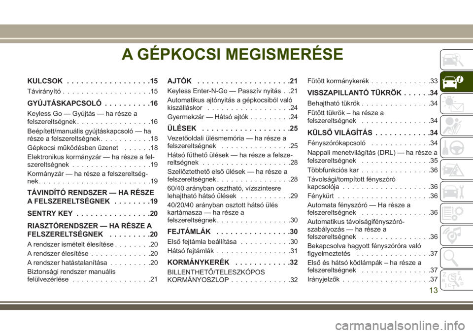 JEEP COMPASS 2018  Kezelési és karbantartási útmutató (in Hungarian) A GÉPKOCSI MEGISMERÉSE
KULCSOK..................15
Távirányító...................15
GYÚJTÁSKAPCSOLÓ..........16
Keyless Go — Gyújtás — ha része a
felszereltségnek................16
Be