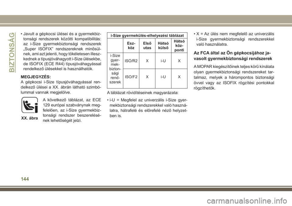 JEEP COMPASS 2018  Kezelési és karbantartási útmutató (in Hungarian) • Javult a gépkocsi ülései és a gyermekbiz-
tonsági rendszerek közötti kompatibilitás:
az i-Size gyermekbiztonsági rendszerek
„Super ISOFIX” rendszereknek minősül-
nek, ami azt jelent