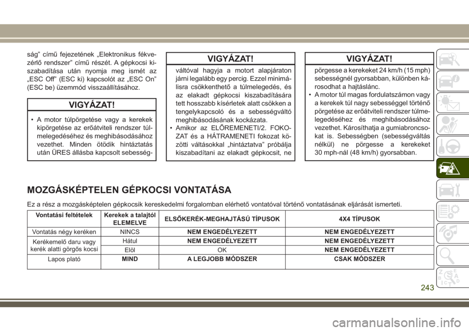 JEEP COMPASS 2018 Kezelési és karbantartási útmutató (in Hungarian) ság” című fejezetének „Elektronikus fékve-
zérlő rendszer” című részét. A gépkocsi ki-
szabadítása után nyomja meg ismét az
„ESC Off” (ESC ki) kapcsolót az „ESC On”
(ESC JEEP COMPASS 2018 Kezelési és karbantartási útmutató (in Hungarian) ság” című fejezetének „Elektronikus fékve-
zérlő rendszer” című részét. A gépkocsi ki-
szabadítása után nyomja meg ismét az
„ESC Off” (ESC ki) kapcsolót az „ESC On”
(ESC