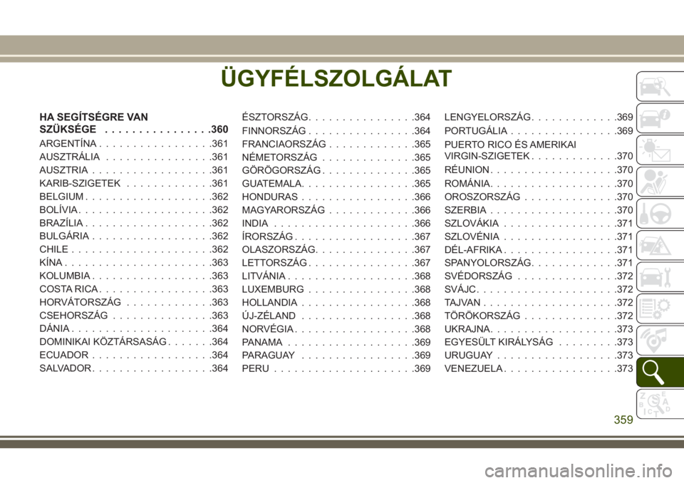 JEEP COMPASS 2018  Kezelési és karbantartási útmutató (in Hungarian) ÜGYFÉLSZOLGÁLAT
HA SEGÍTSÉGRE VAN
SZÜKSÉGE................360
ARGENTÍNA.................361
AUSZTRÁLIA................361
AUSZTRIA..................361
KARIB-SZIGETEK.............361
BELGIUM.