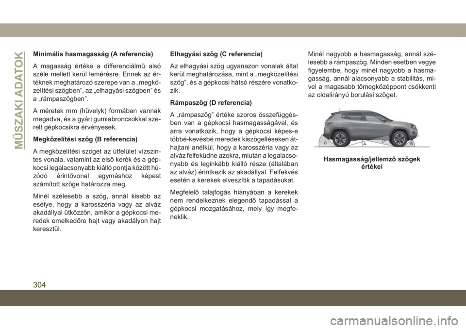 JEEP COMPASS 2019  Kezelési és karbantartási útmutató (in Hungarian) Minimális hasmagasság (A referencia)
A magasság értéke a differenciálmű alsó
széle mellett kerül lemérésre. Ennek az ér-
téknek meghatározó szerepe van a „megkö-
zelítési szögben