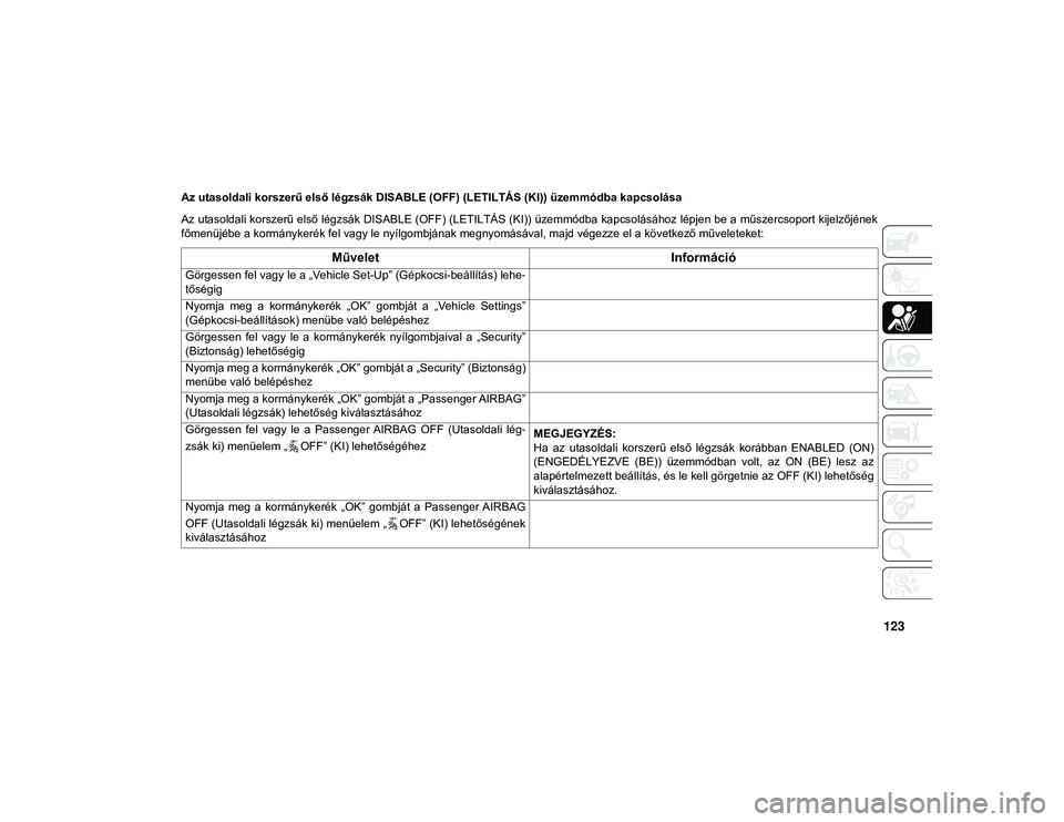 JEEP COMPASS 2020  Kezelési és karbantartási útmutató (in Hungarian) 123
Az utasoldali korszerű első légzsák DISABLE (OFF) (LETILTÁS (KI)) üzemmódba kapcsolása
Az utasoldali korszerű első légzsák DISABLE (OFF) (LETILTÁS (KI)) üzemmódba kapcsolásához l�