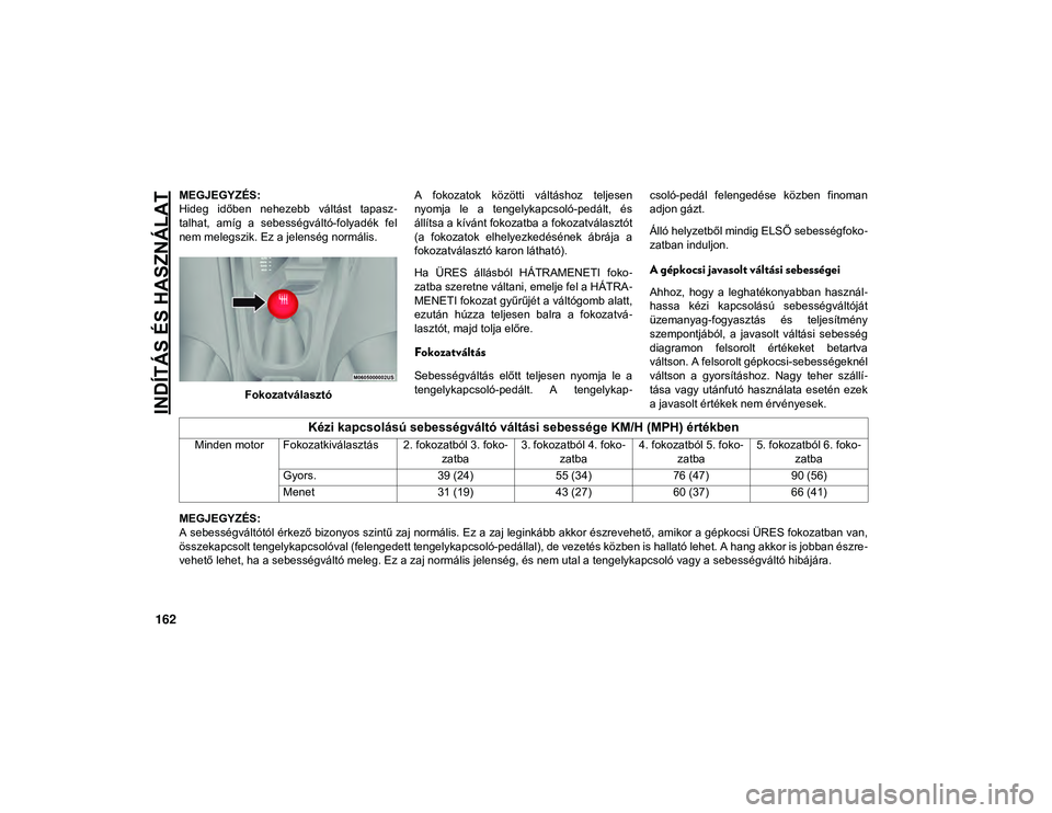 JEEP COMPASS 2020  Kezelési és karbantartási útmutató (in Hungarian) INDÍTÁS ÉS HASZNÁLAT
162
MEGJEGYZÉS:
Hideg  időben  nehezebb  váltást  tapasz-
talhat,  amíg  a  sebességváltó-folyadék  fel
nem melegszik. Ez a jelenség normális.
Fokozatválasztó A  