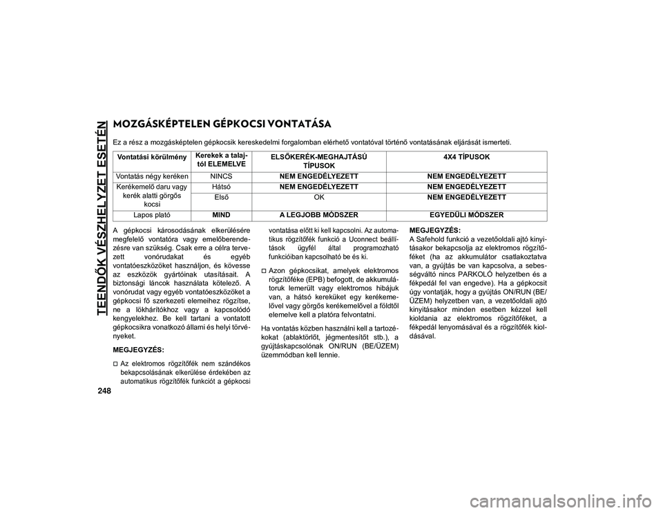 JEEP COMPASS 2020  Kezelési és karbantartási útmutató (in Hungarian) TEENDŐK VÉSZHELYZET ESETÉN
248
MOZGÁSKÉPTELEN GÉPKOCSI VONTATÁSA 
Ez a rész a mozgásképtelen gépkocsik kereskedelmi forgalomban elérhető vontatóval történő vontatásának eljárását