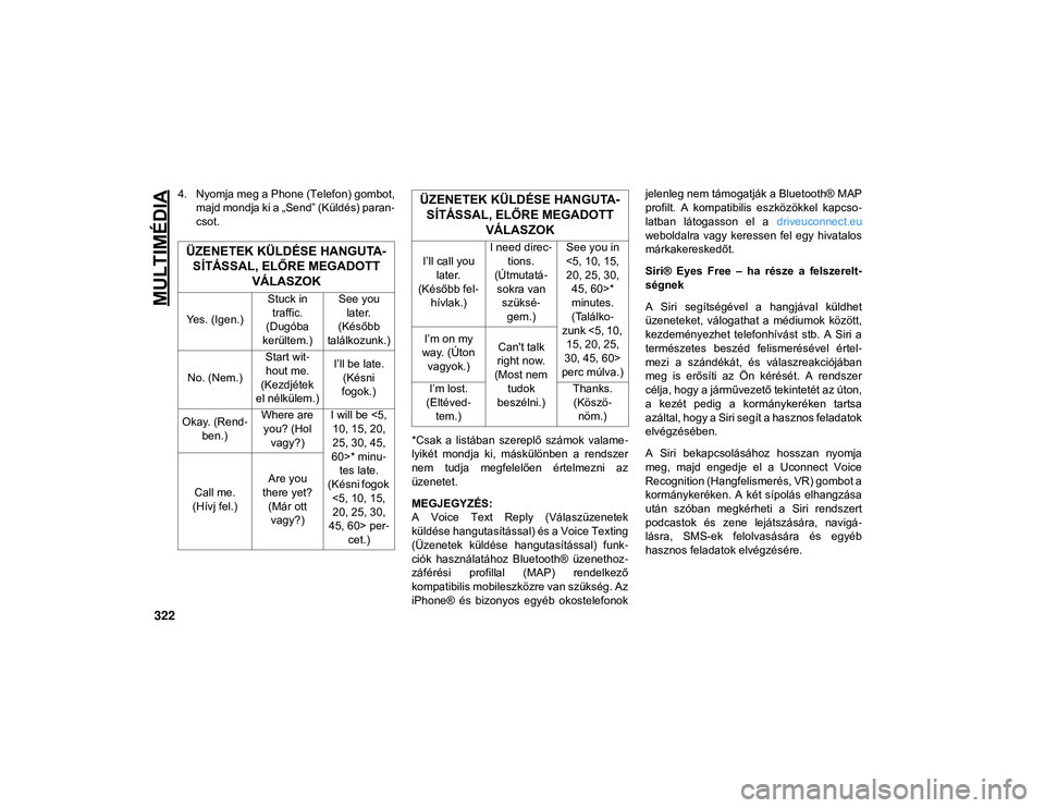 JEEP COMPASS 2020  Kezelési és karbantartási útmutató (in Hungarian) MULTIMÉDIA
322
4. Nyomja meg a Phone (Telefon) gombot,majd mondja ki a „Send” (Küldés) paran -
csot.
*Csak  a  listában  szereplő  számok  valame-
lyikét  mondja  ki,  máskülönben  a  re