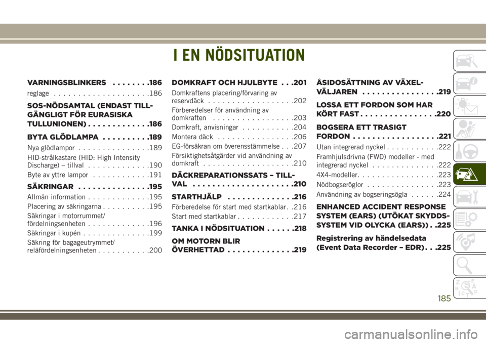 JEEP COMPASS 2018  Drift- och underhållshandbok (in Swedish) I EN NÖDSITUATION
VARNINGSBLINKERS........186
reglage....................186
SOS-NÖDSAMTAL (ENDAST TILL-
GÄNGLIGT FÖR EURASISKA
TULLUNIONEN).............186
BYTA GLÖDLAMPA..........189
Nya glödl