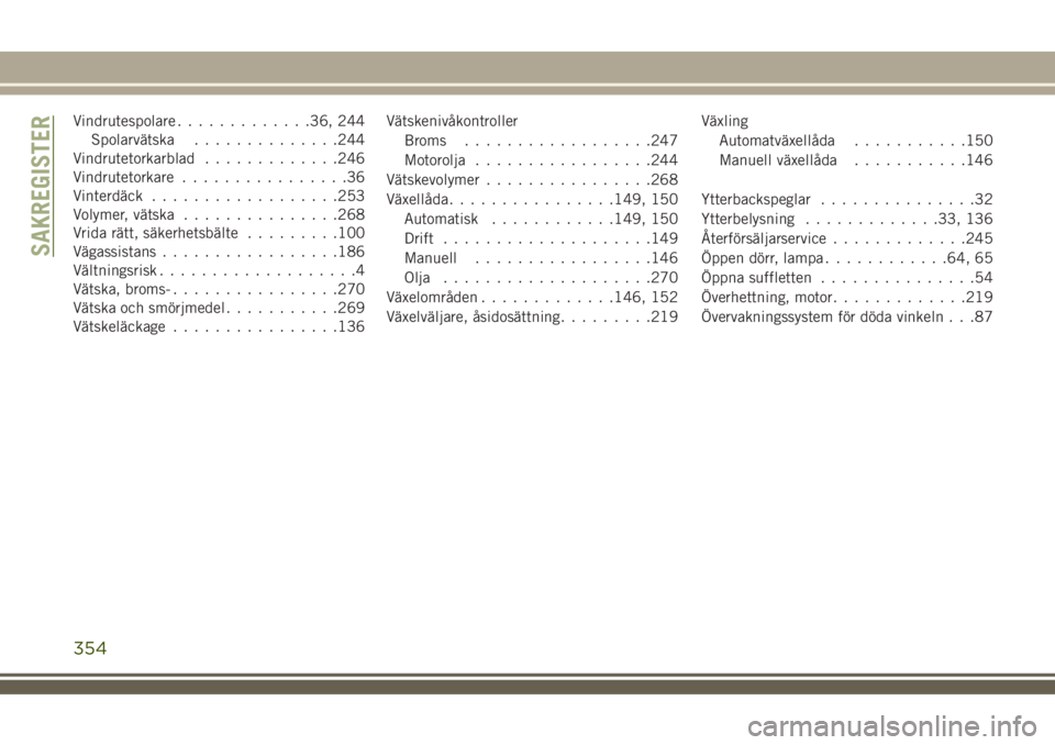 JEEP COMPASS 2018  Drift- och underhållshandbok (in Swedish) Vindrutespolare.............36, 244
Spolarvätska..............244
Vindrutetorkarblad.............246
Vindrutetorkare................36
Vinterdäck..................253
Volymer, vätska...............