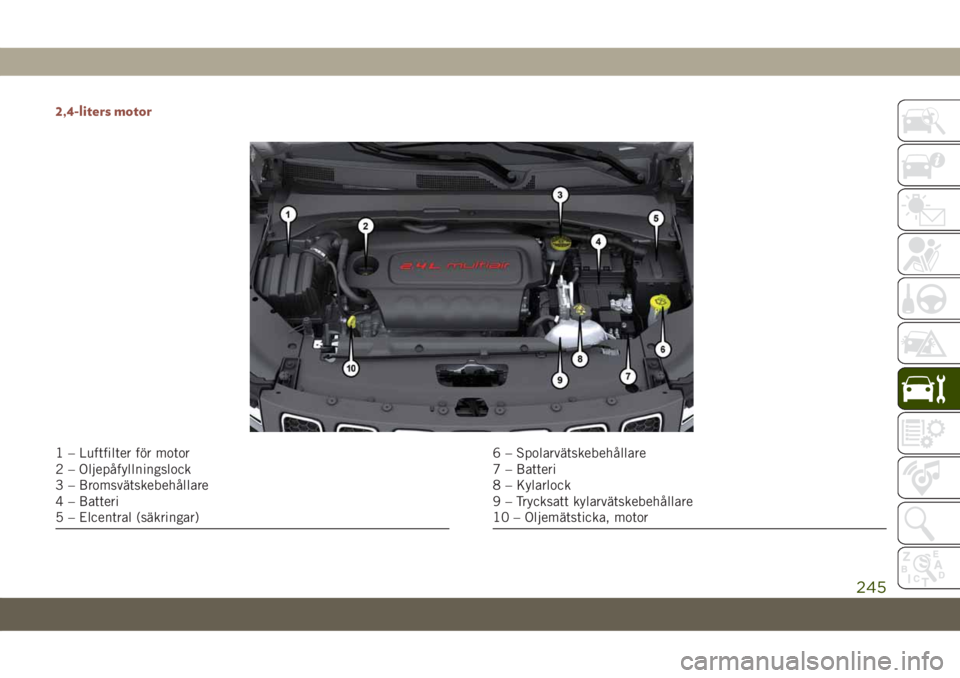 JEEP COMPASS 2019  Drift- och underhållshandbok (in Swedish) 2,4-liters motor
1 – Luftfilter för motor
2 – Oljepåfyllningslock
3 – Bromsvätskebehållare
4 – Batteri
5 – Elcentral (säkringar)6 – Spolarvätskebehållare
7 – Batteri
8 – Kylarlo